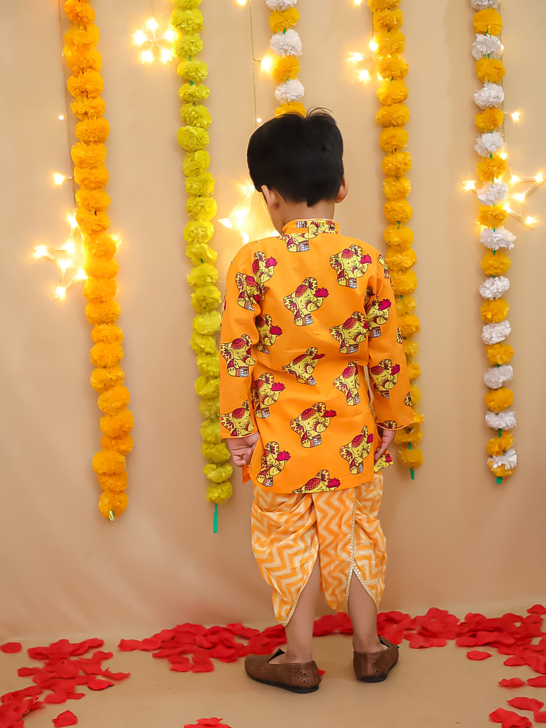 BownBee Pure Cotton  Elephant Printed Dhoti Kurta For Infant Boys -Yellow