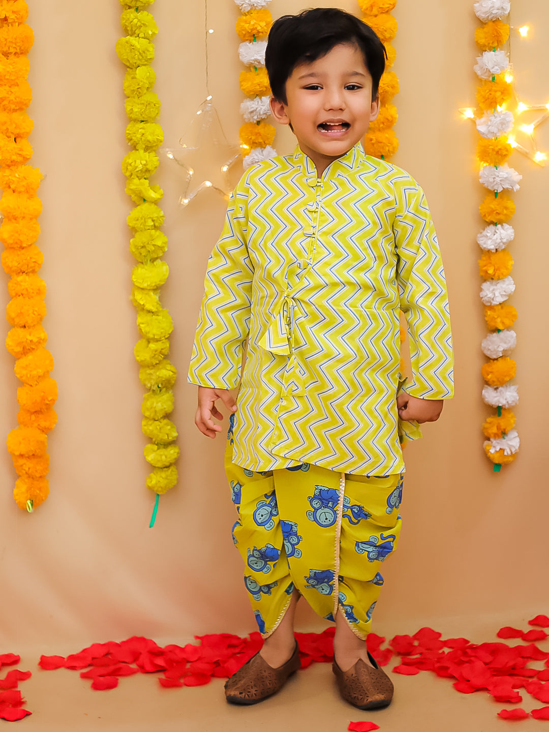 BownBee Pure Cotton  Elephant Printed Dhoti Kurta For Infant Boys -Yellow