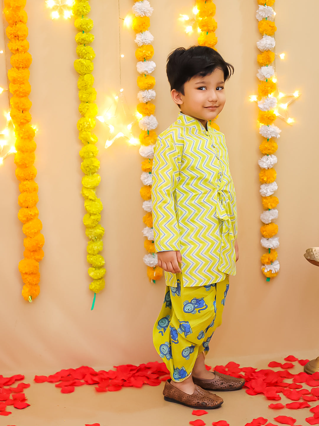 BownBee Pure Cotton  Elephant Printed Dhoti Kurta For Infant Boys -Yellow