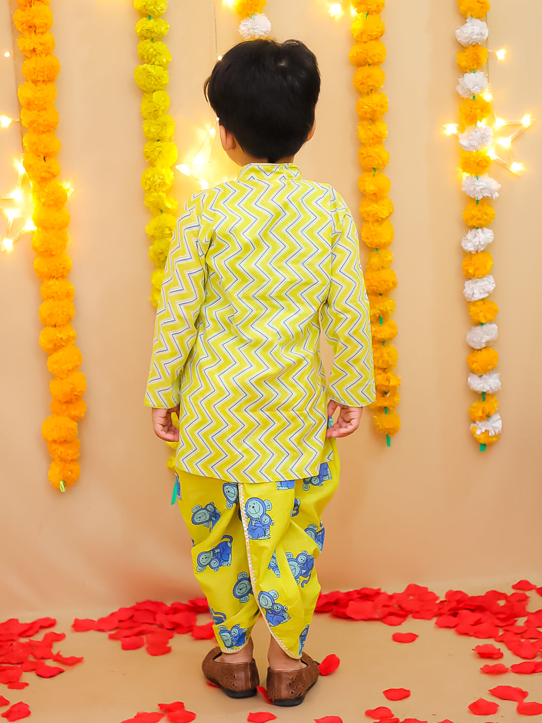 BownBee Pure Cotton  Elephant Printed Dhoti Kurta For Infant Boys -Yellow