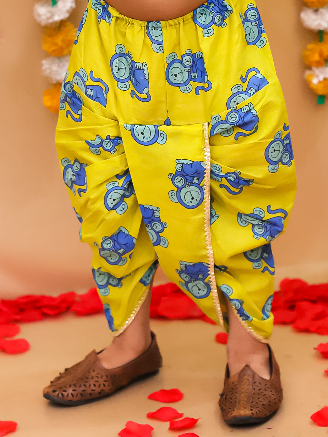 BownBee Pure Cotton  Elephant Printed Dhoti Kurta For Infant Boys -Yellow