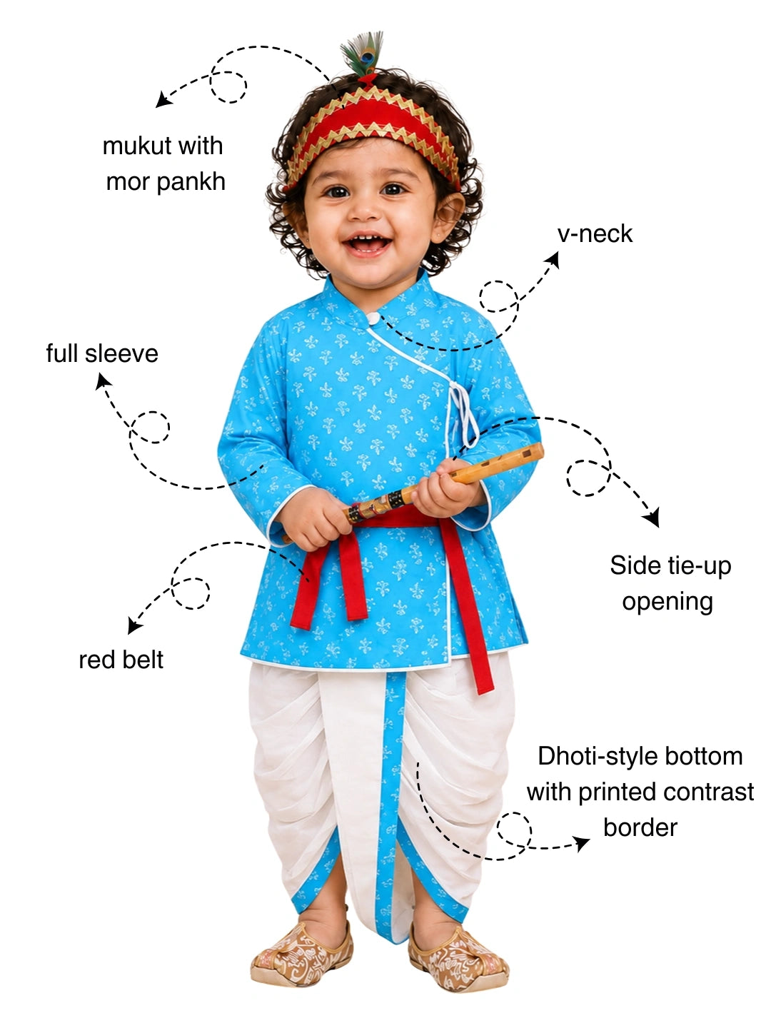 BownBee Pure Cotton Printed Angrakha Kurta & Dhoti With Bansuri , Mukut & Belt Set For Boys