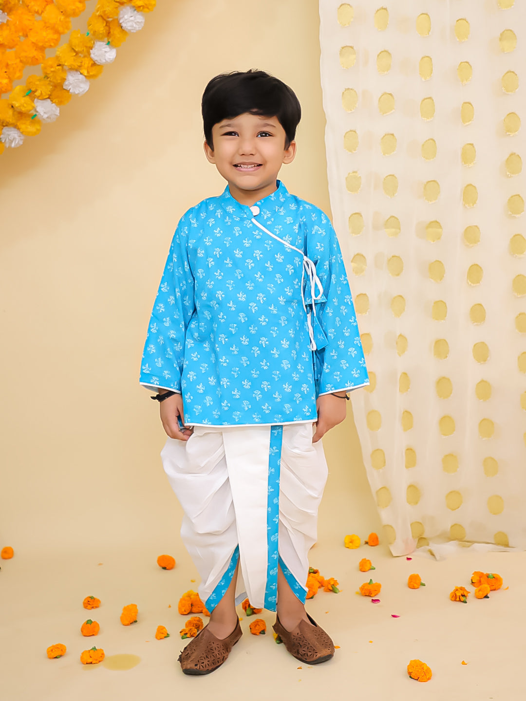 BownBee Pure Cotton Printed Angrakha Kurta Dhoti For Boys - Blue