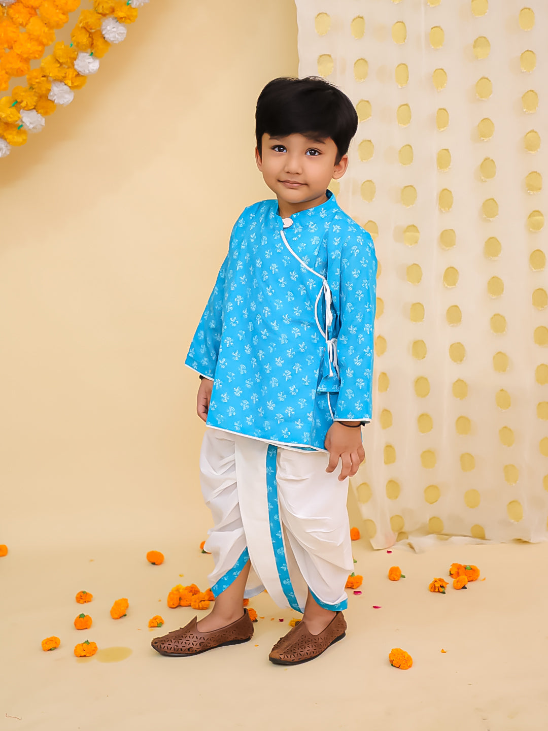 BownBee Pure Cotton Printed Angrakha Kurta Dhoti For Boys - Blue
