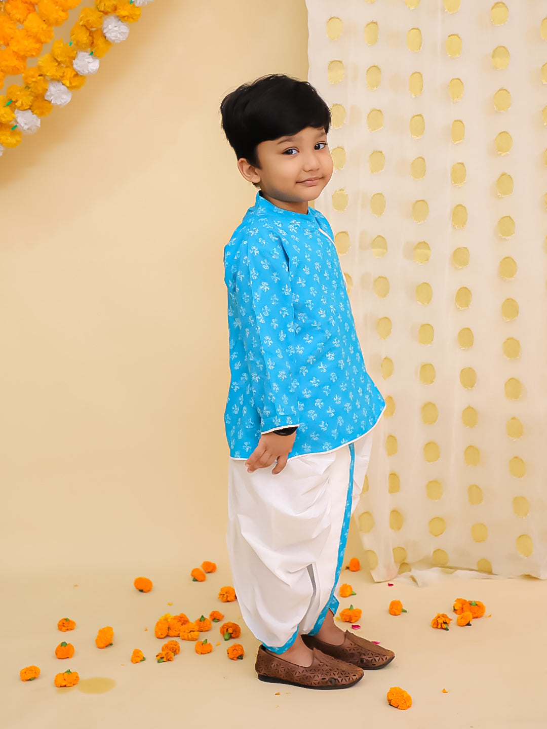 BownBee Pure Cotton Printed Angrakha Kurta Dhoti For Boys - Blue
