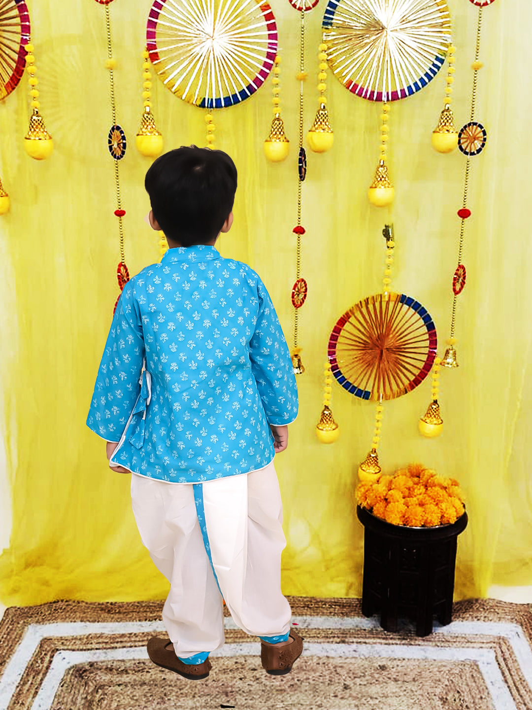 BownBee Pure Cotton Printed Angrakha Kurta Dhoti For Boys - Blue