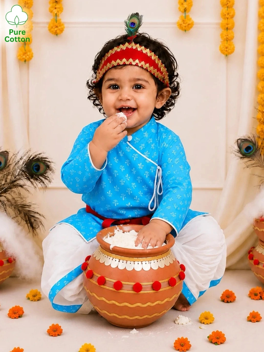 BownBee Pure Cotton Printed Angrakha Kurta & Dhoti With Bansuri , Mukut & Belt Set For Boys