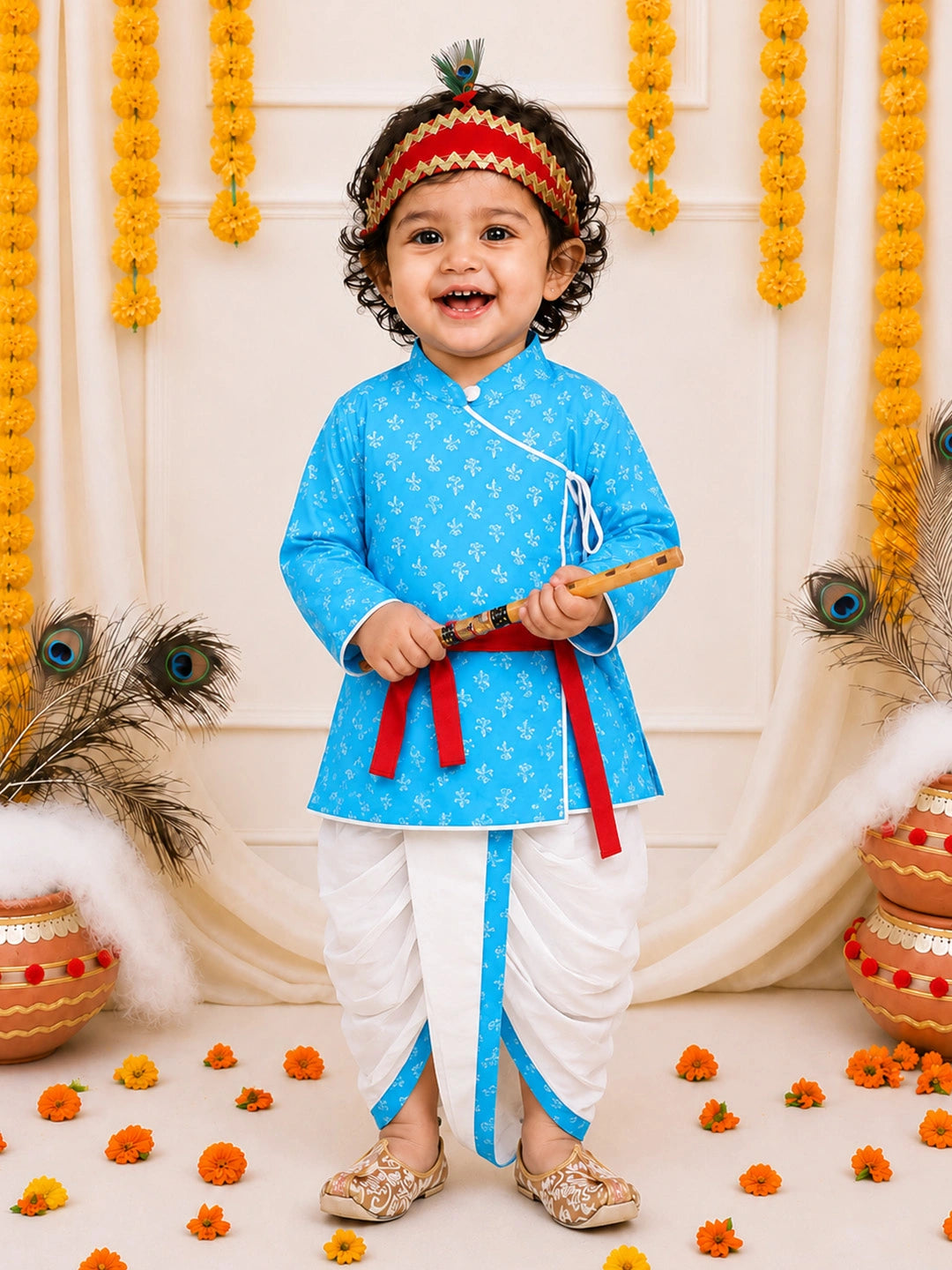 BownBee Pure Cotton Printed Angrakha Kurta & Dhoti With Bansuri , Mukut & Belt Set For Boys