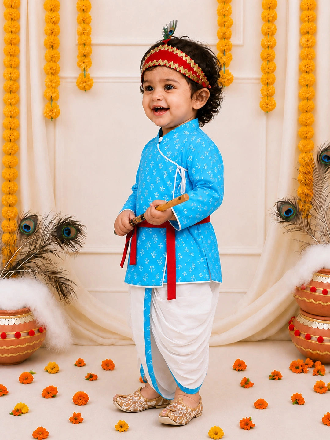 BownBee Pure Cotton Printed Angrakha Kurta & Dhoti With Bansuri , Mukut & Belt Set For Boys