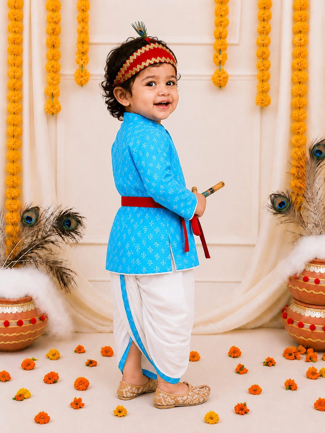 BownBee Pure Cotton Printed Angrakha Kurta & Dhoti With Bansuri , Mukut & Belt Set For Boys