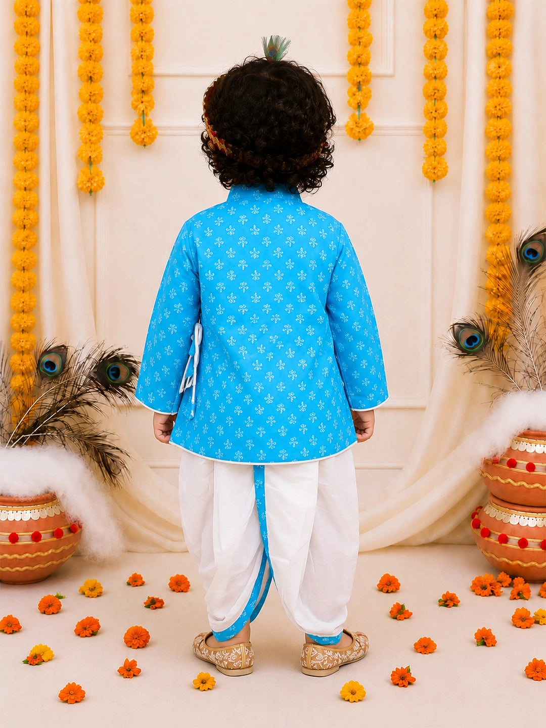 BownBee Pure Cotton Printed Angrakha Kurta & Dhoti With Bansuri , Mukut & Belt Set For Boys
