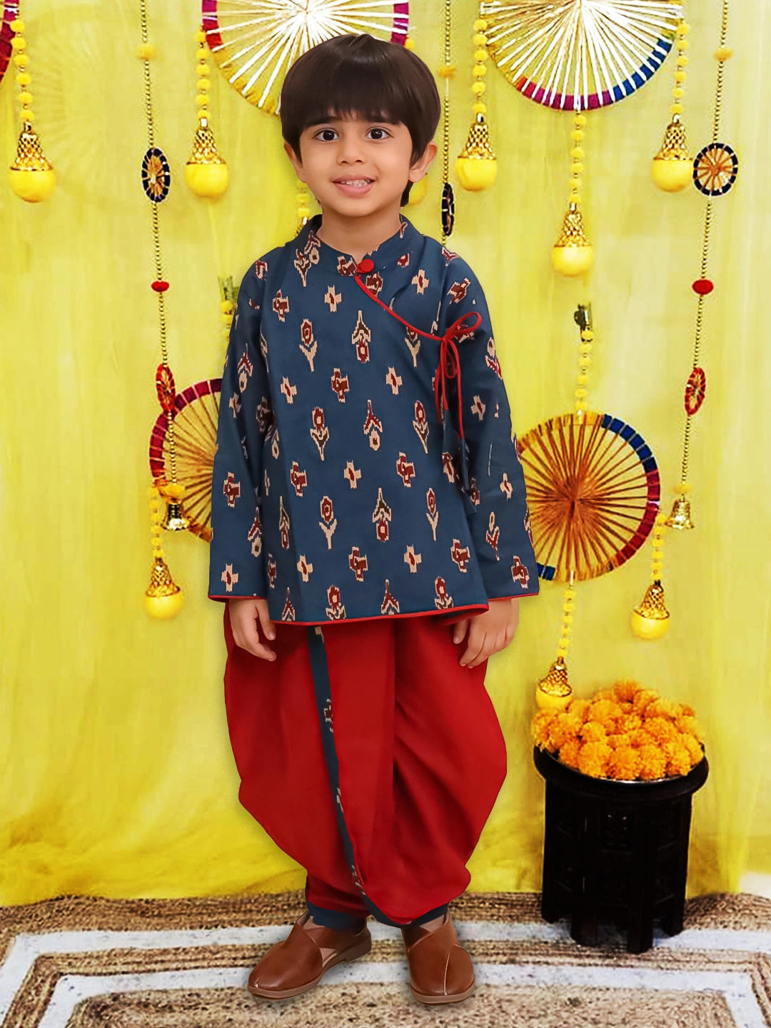 BownBee Pure Cotton Printed Angrakha Kurta Dhoti For Boys