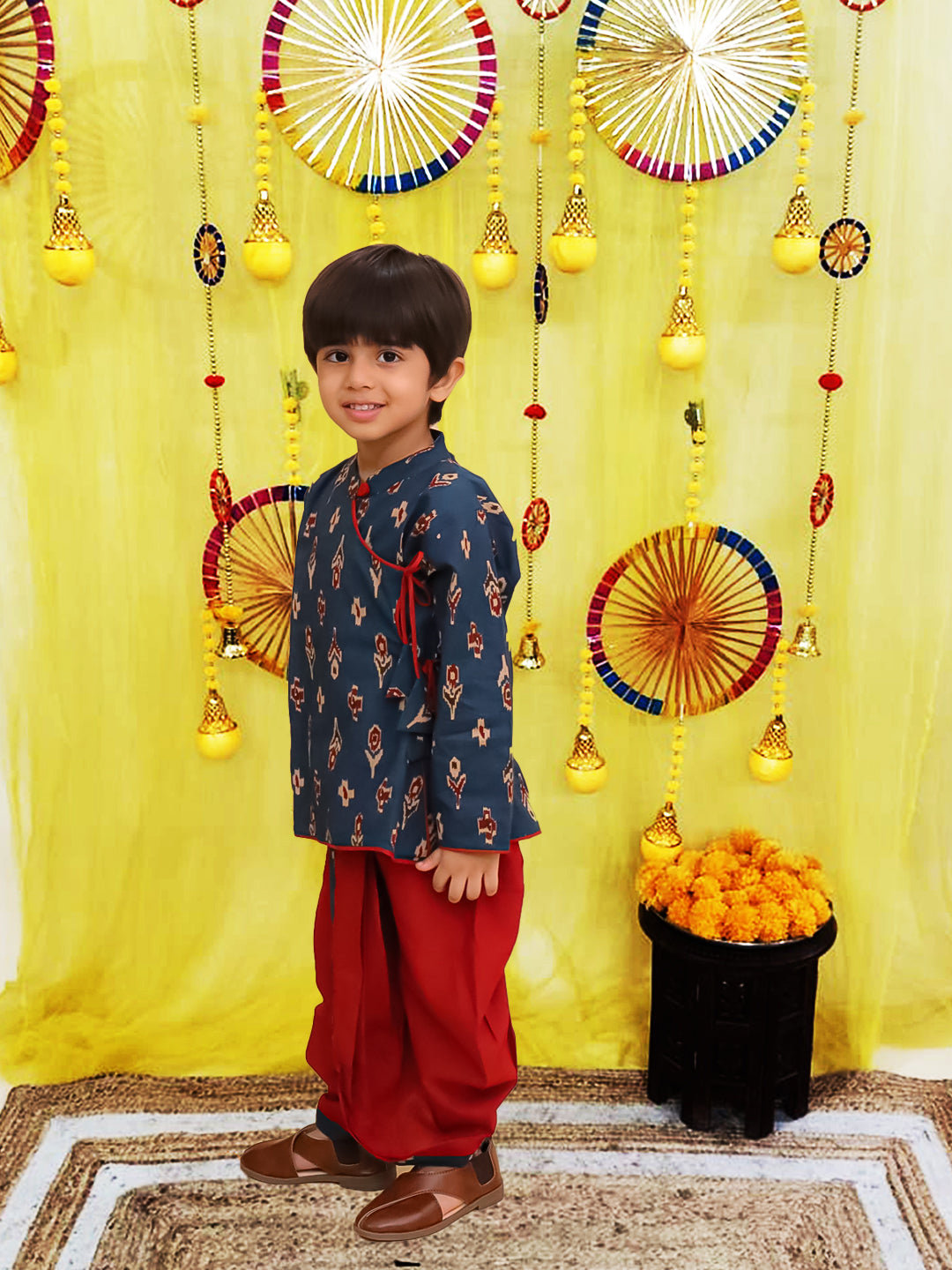BownBee Pure Cotton Printed Angrakha Kurta Dhoti For Boys - Blue