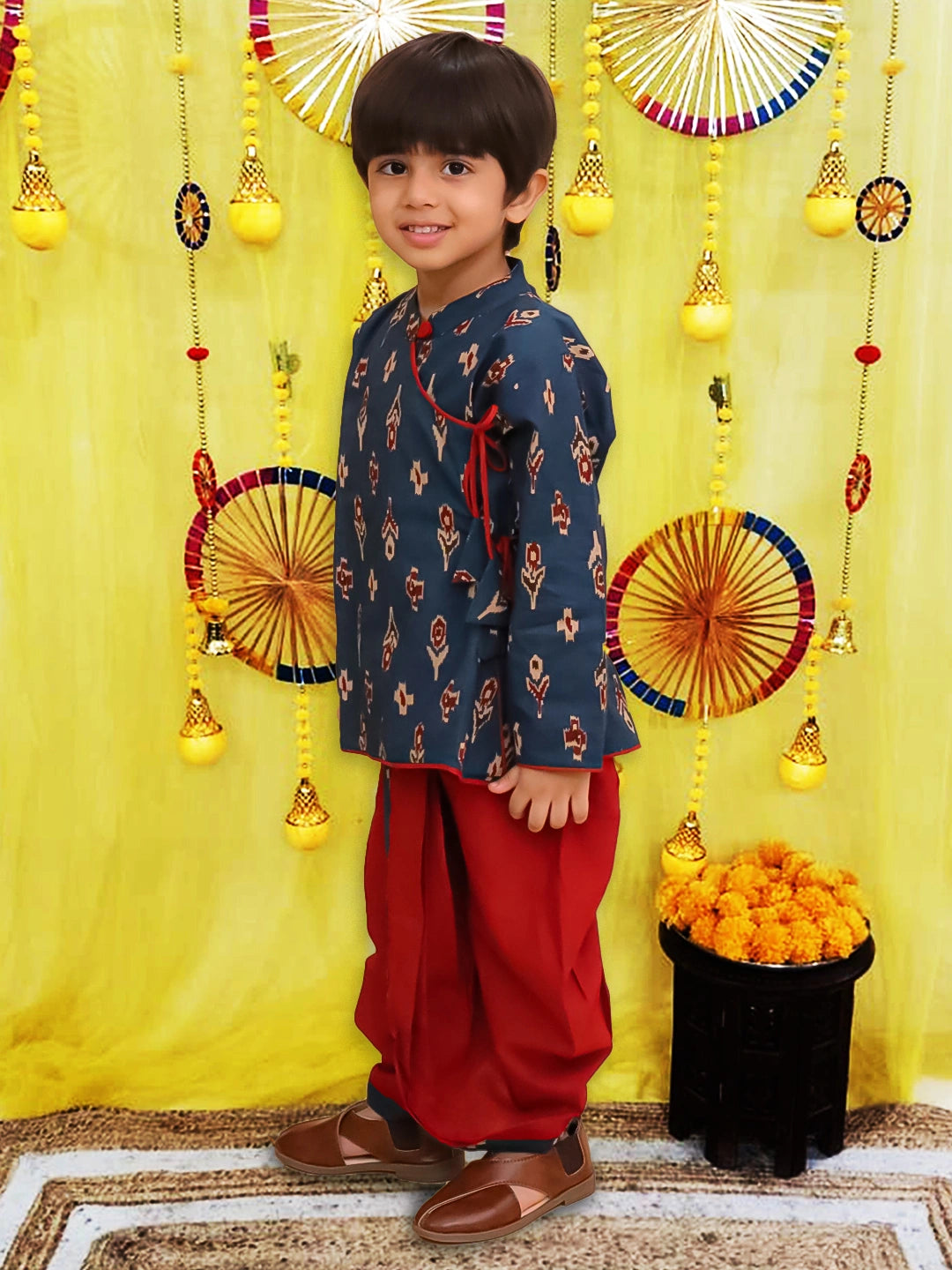 BownBee Pure Cotton Printed Angrakha Kurta Dhoti For Boys