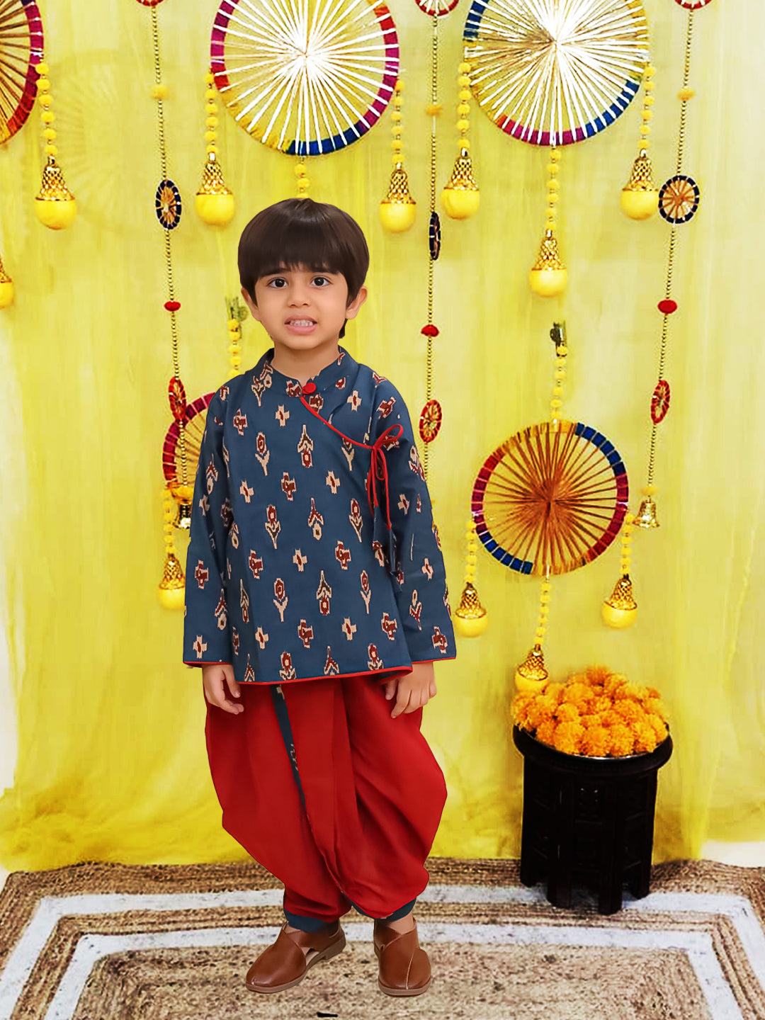 BownBee Pure Cotton Printed Angrakha Kurta Dhoti For Boys - Blue