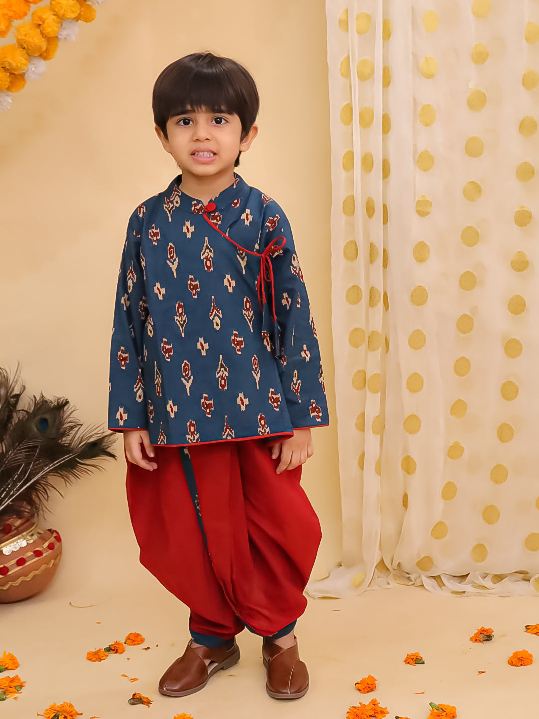 BownBee Pure Cotton Printed Angrakha Kurta Dhoti For Boys - Blue