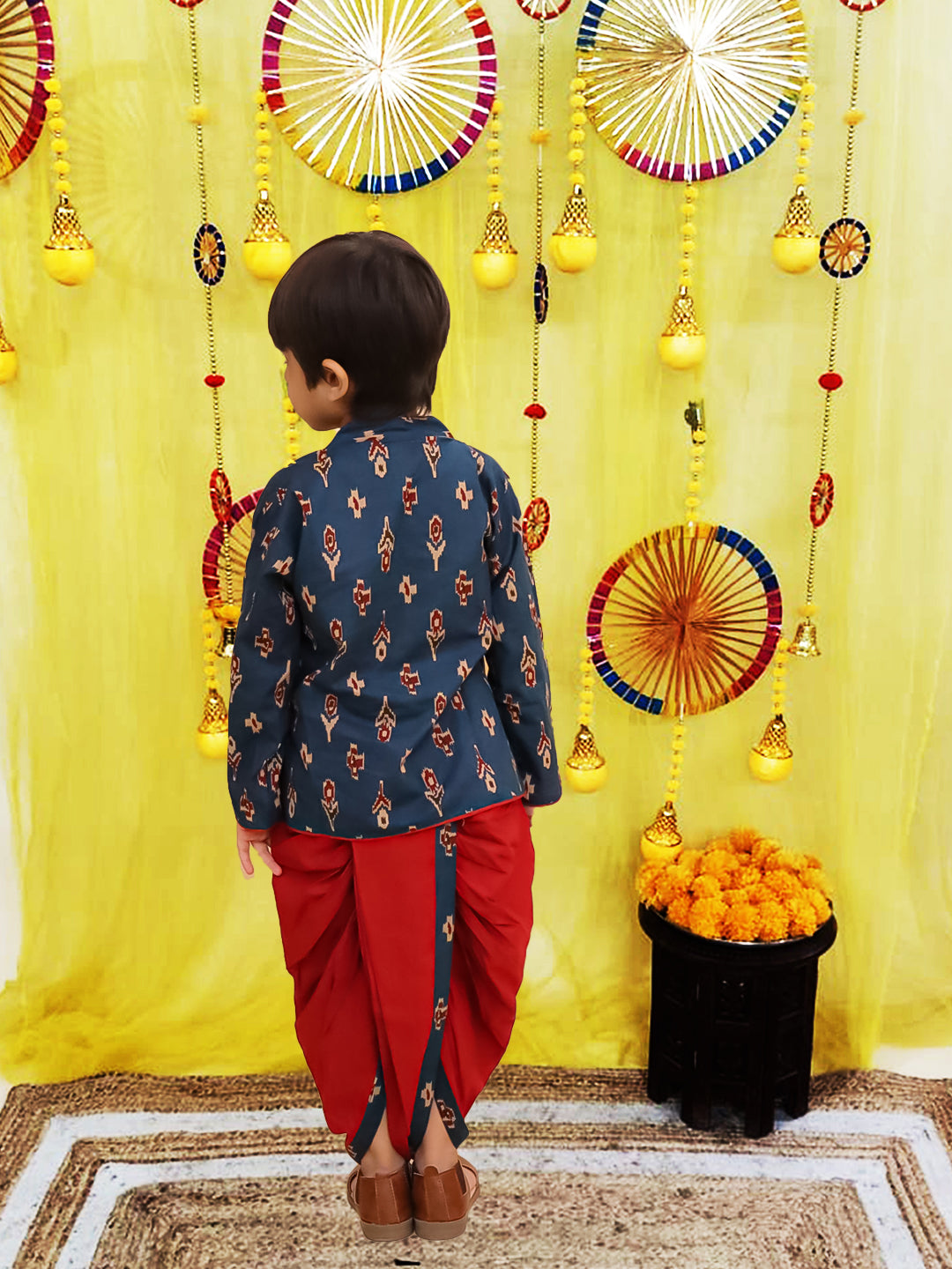 BownBee Pure Cotton Printed Angrakha Kurta Dhoti For Boys - Blue