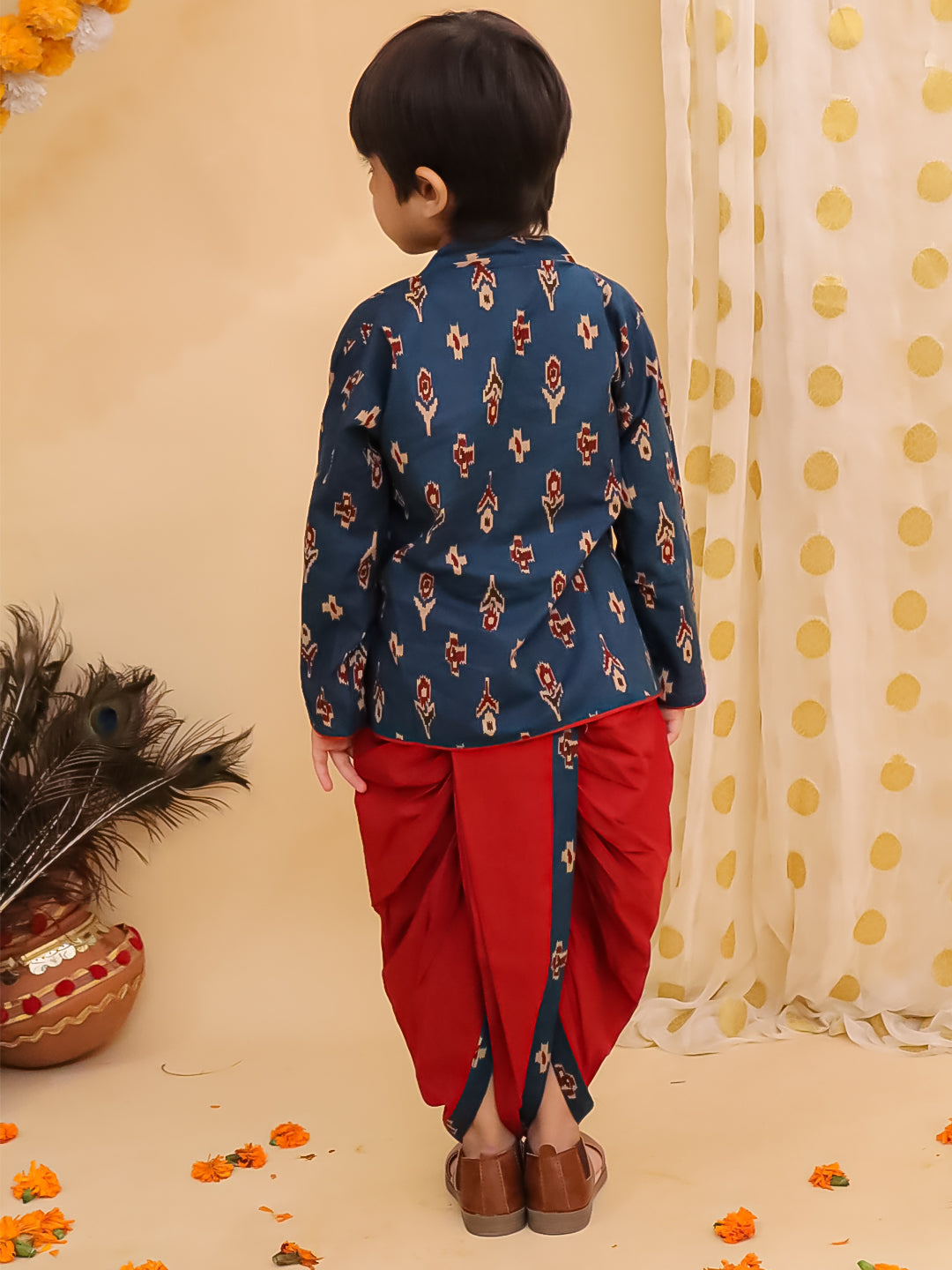 BownBee Pure Cotton Bandhni Kurti Dhoti & Dhoti Kurta Sibling Set - Blue