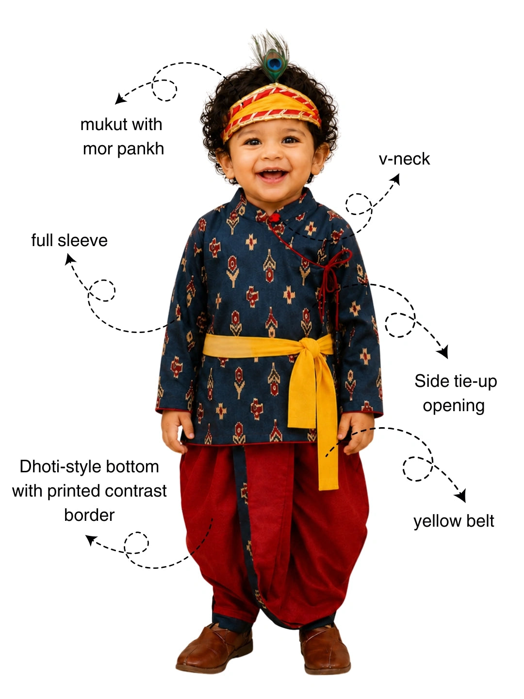 BownBee Pure Cotton Printed Angrakha Kurta & Dhoti With Bansuri , Mukut & Belt Set For Boys
