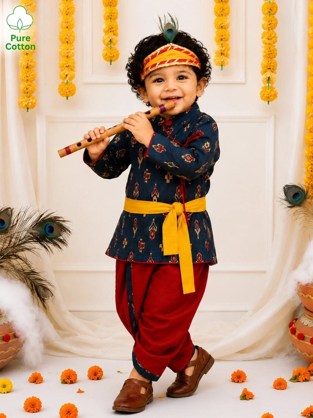 BownBee Pure Cotton Printed Angrakha Kurta & Dhoti With Bansuri , Mukut & Belt Set For Boys