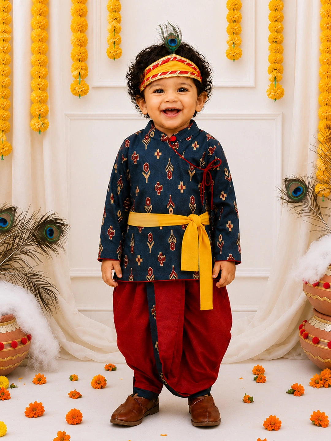BownBee Pure Cotton Printed Angrakha Kurta & Dhoti With Bansuri , Mukut & Belt Set For Boys