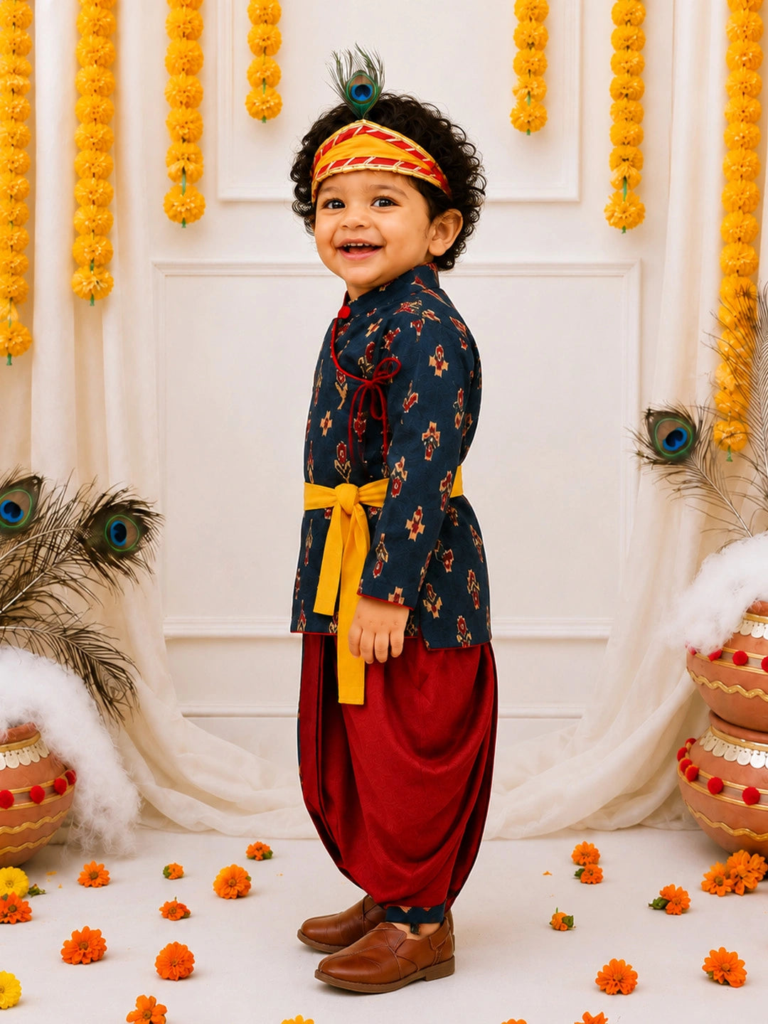 BownBee Pure Cotton Printed Angrakha Kurta & Dhoti With Bansuri , Mukut & Belt Set For Boys