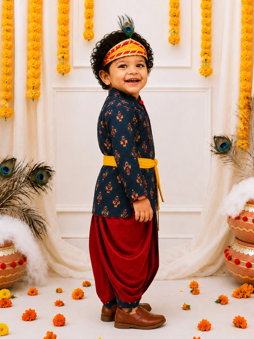 BownBee Pure Cotton Printed Angrakha Kurta & Dhoti With Bansuri , Mukut & Belt Set For Boys