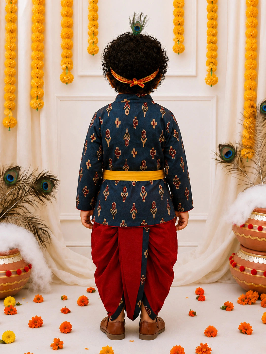 BownBee Pure Cotton Printed Angrakha Kurta & Dhoti With Bansuri , Mukut & Belt Set For Boys