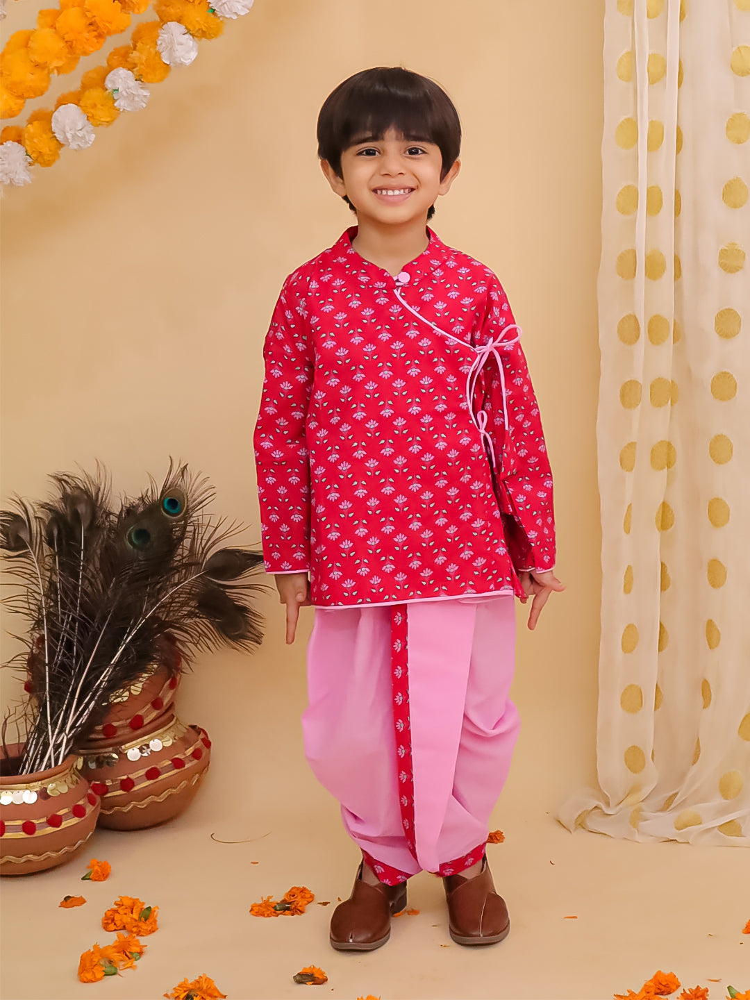 BownBee Pure Cotton Printed Angrakha Kurta With Pink Contrast Dhoti For Boys - Red