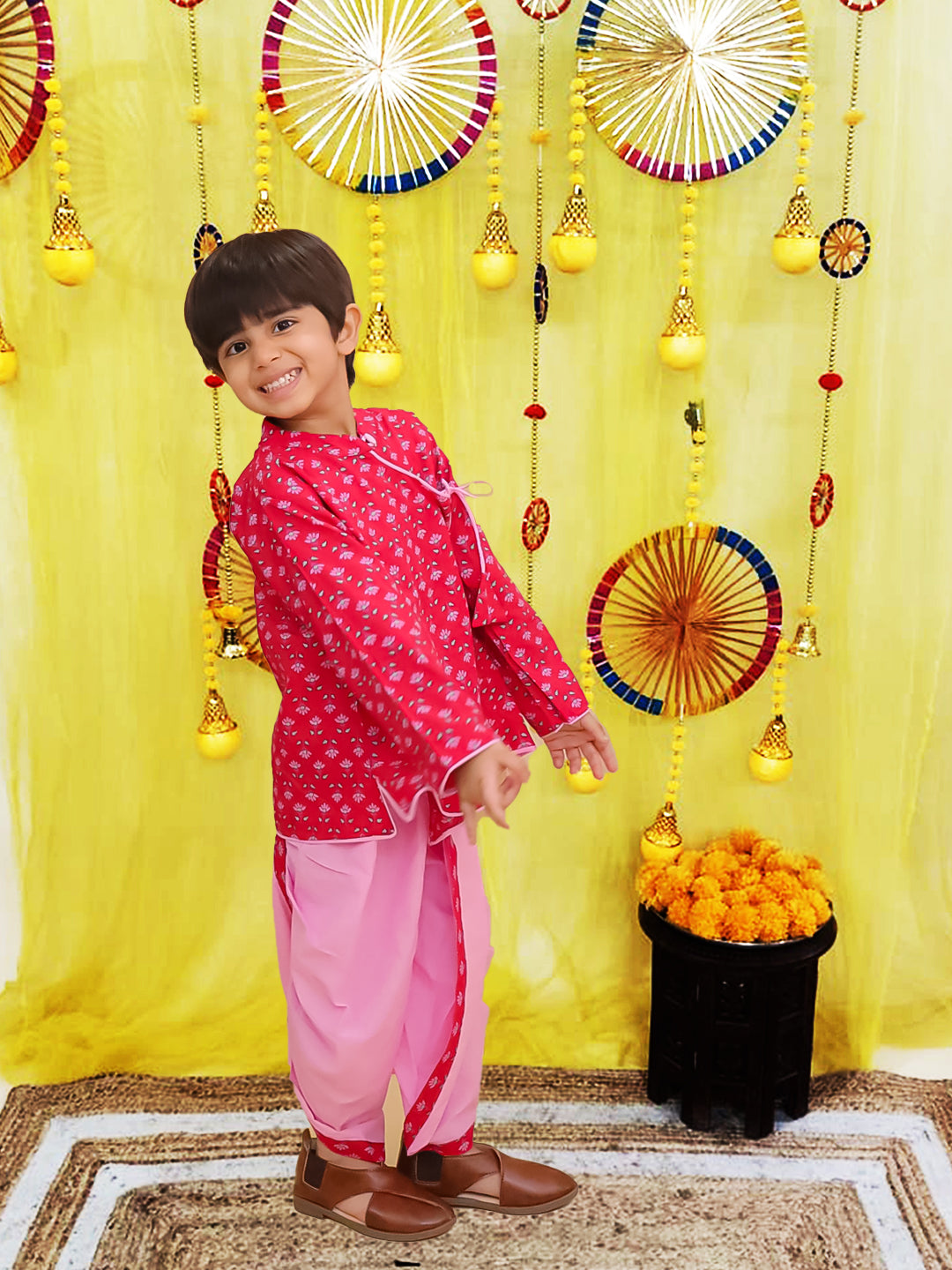 BownBee Pure Cotton Printed Angrakha Kurta With Pink Contrast Dhoti For Boys - Red