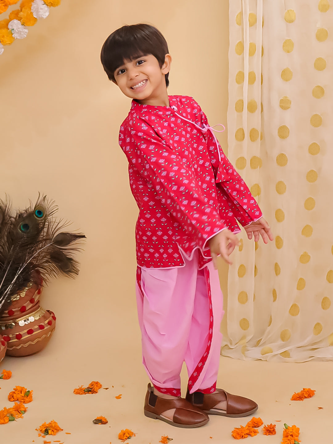 BownBee Pure Cotton Printed Angrakha Kurta With Pink Contrast Dhoti For Boys - Red