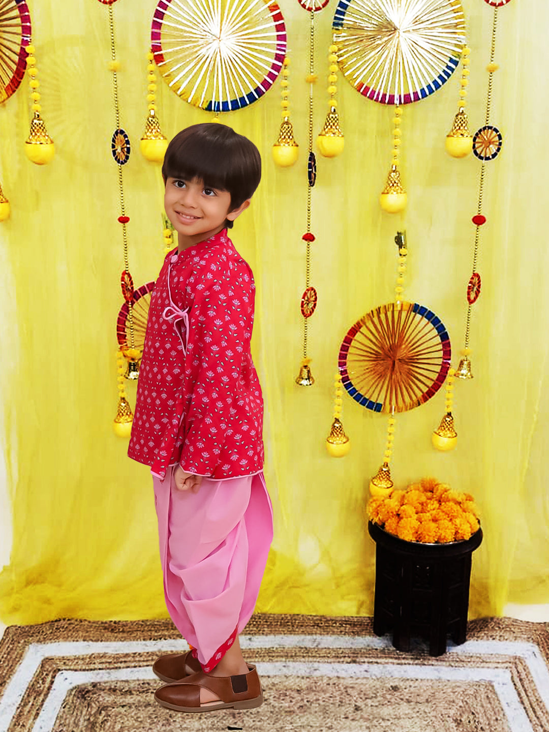 BownBee Pure Cotton Printed Angrakha Kurta With Pink Contrast Dhoti For Boys - Red