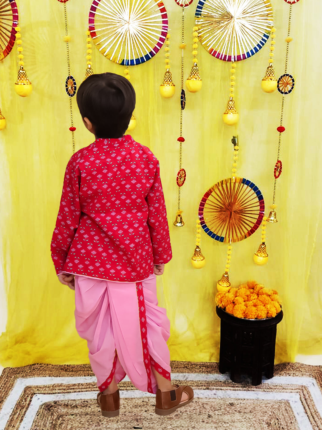 BownBee Pure Cotton Printed Angrakha Kurta With Pink Contrast Dhoti For Boys - Red
