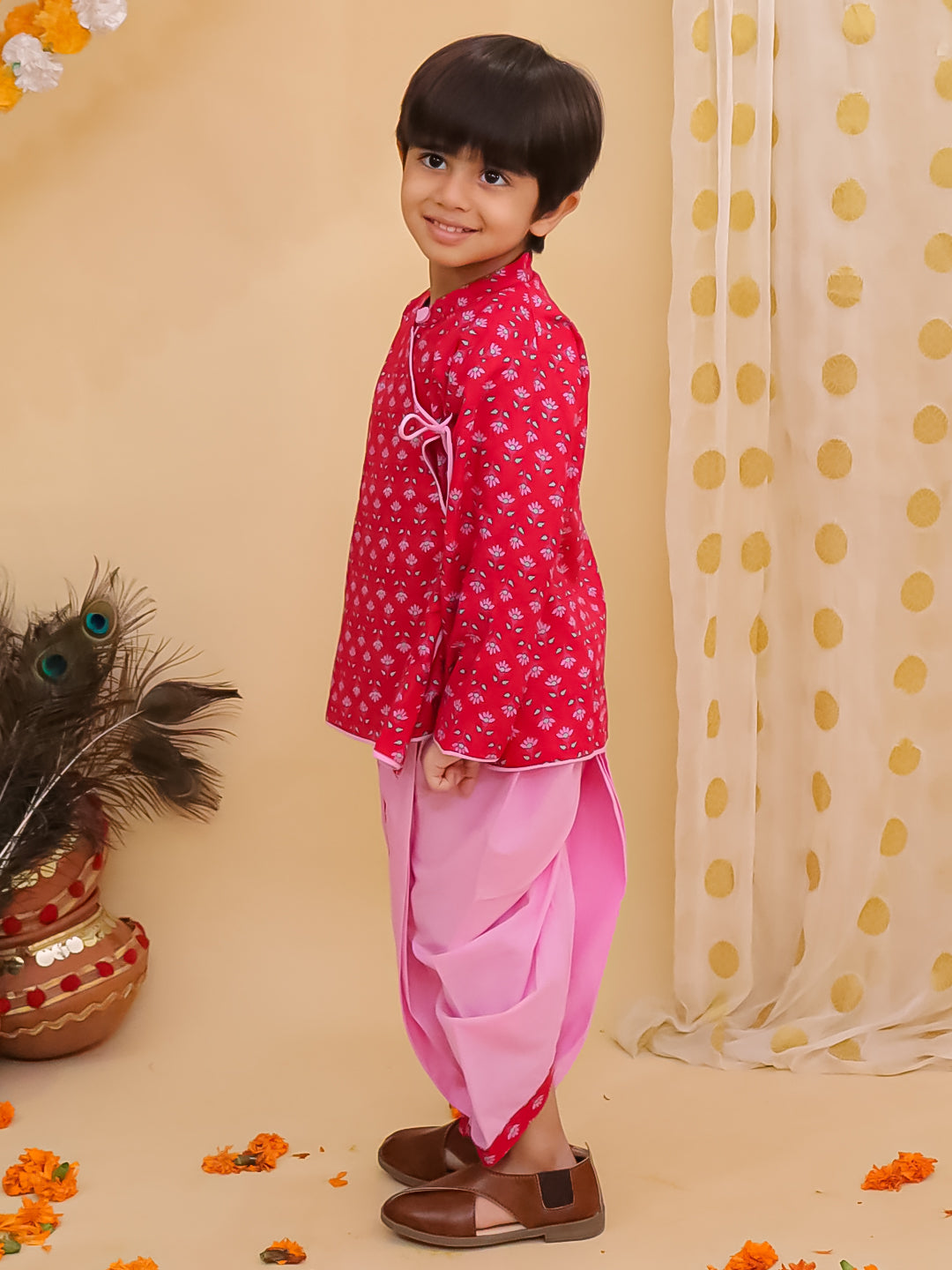 BownBee Pure Cotton Printed Angrakha Kurta With Pink Contrast Dhoti For Boys - Red