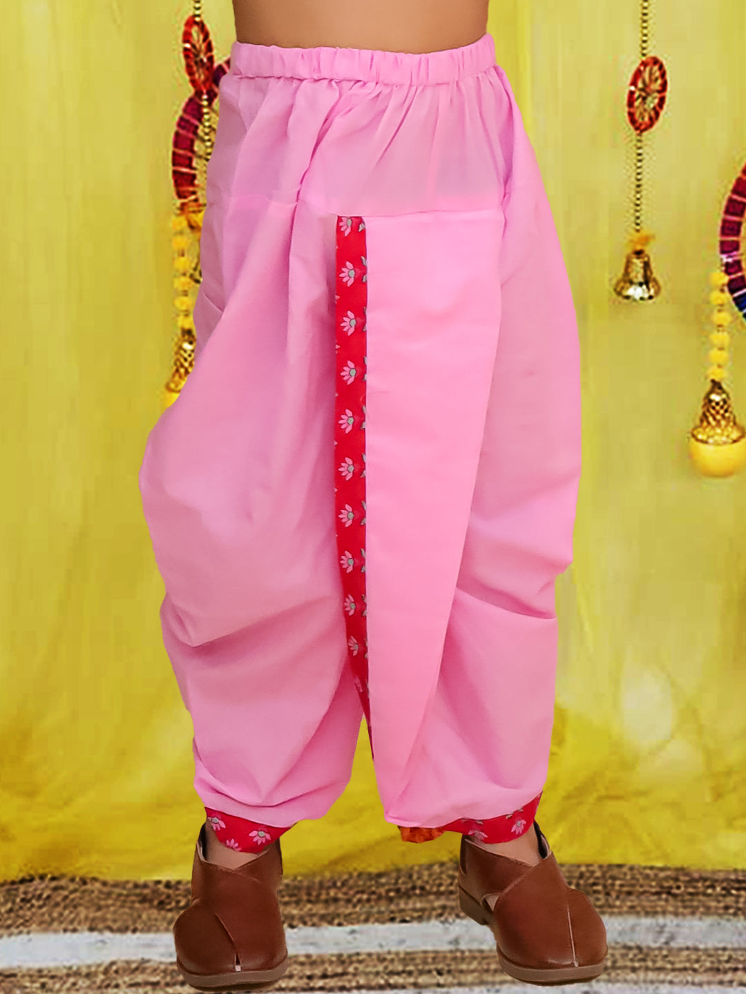 BownBee Pure Cotton Printed Angrakha Kurta With Pink Contrast Dhoti For Boys - Red
