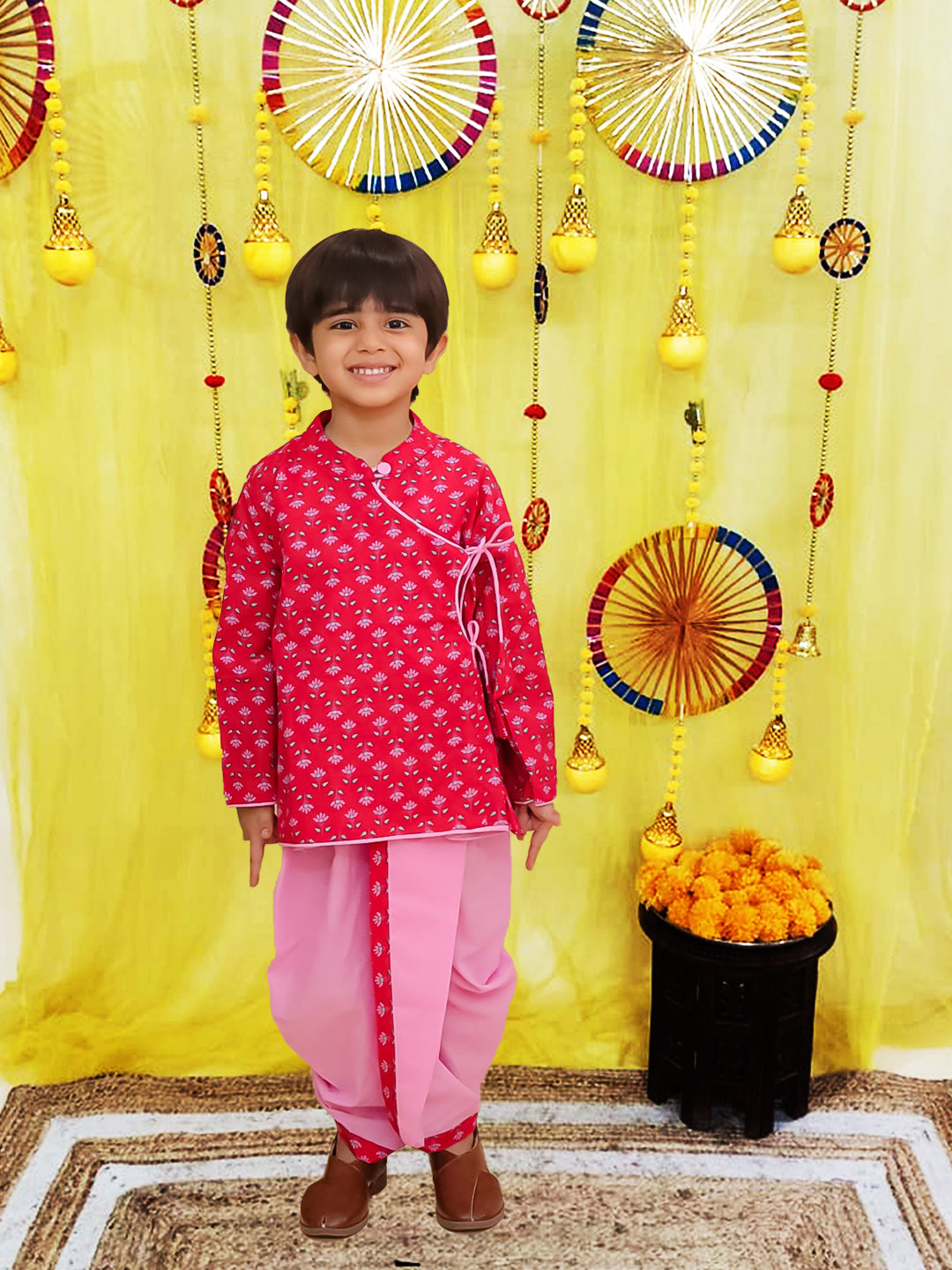 BownBee Pure Cotton Printed Angrakha Kurta With Pink Contrast Dhoti For Boys - Red