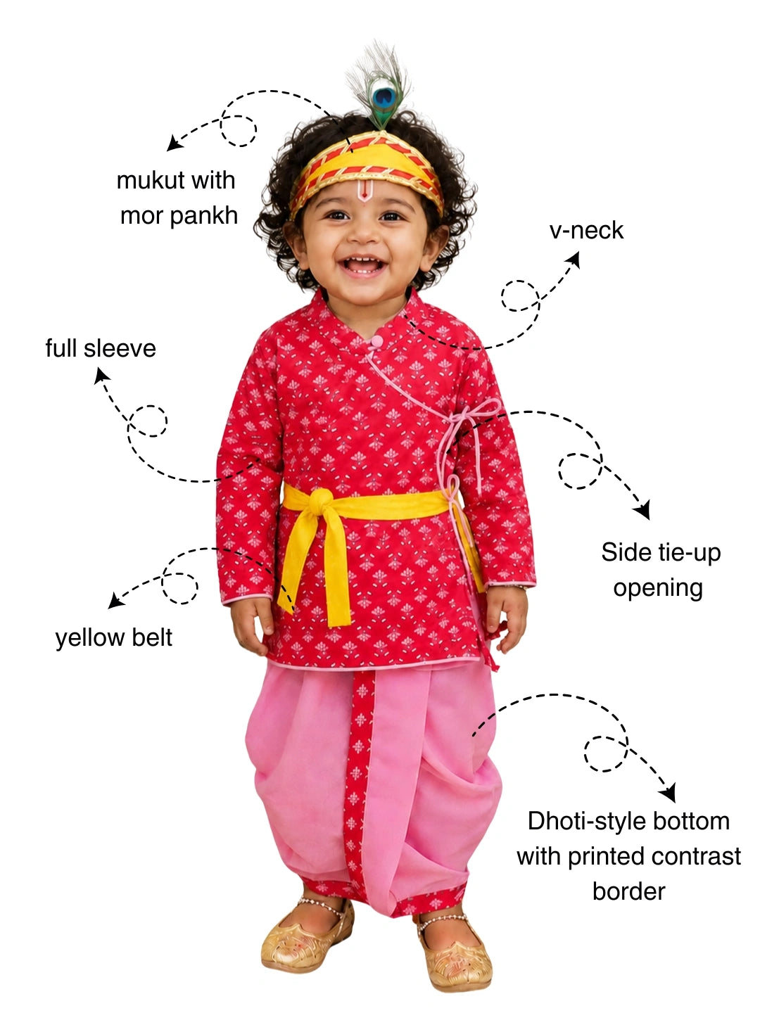 BownBee Pure Cotton Printed Angrakha Kurta & Dhoti With Bansuri , Mukut & Belt Set For Boys - pink