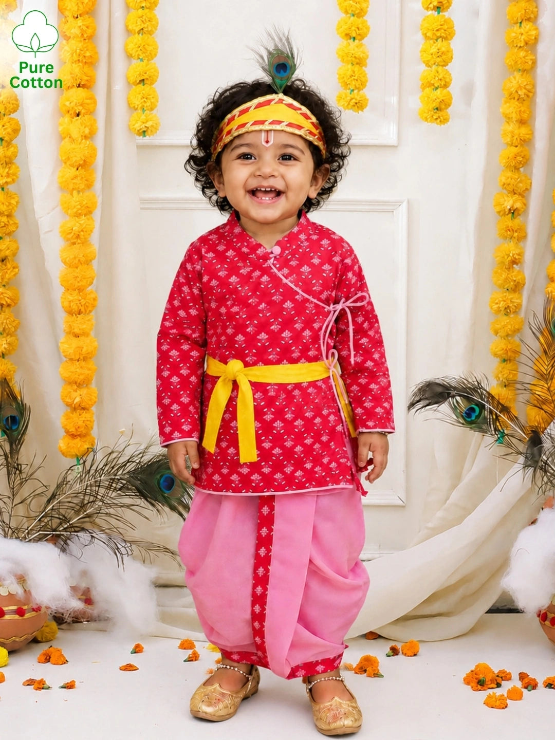 BownBee Pure Cotton Printed Angrakha Kurta & Dhoti With Bansuri , Mukut & Belt Set For Boys - pink