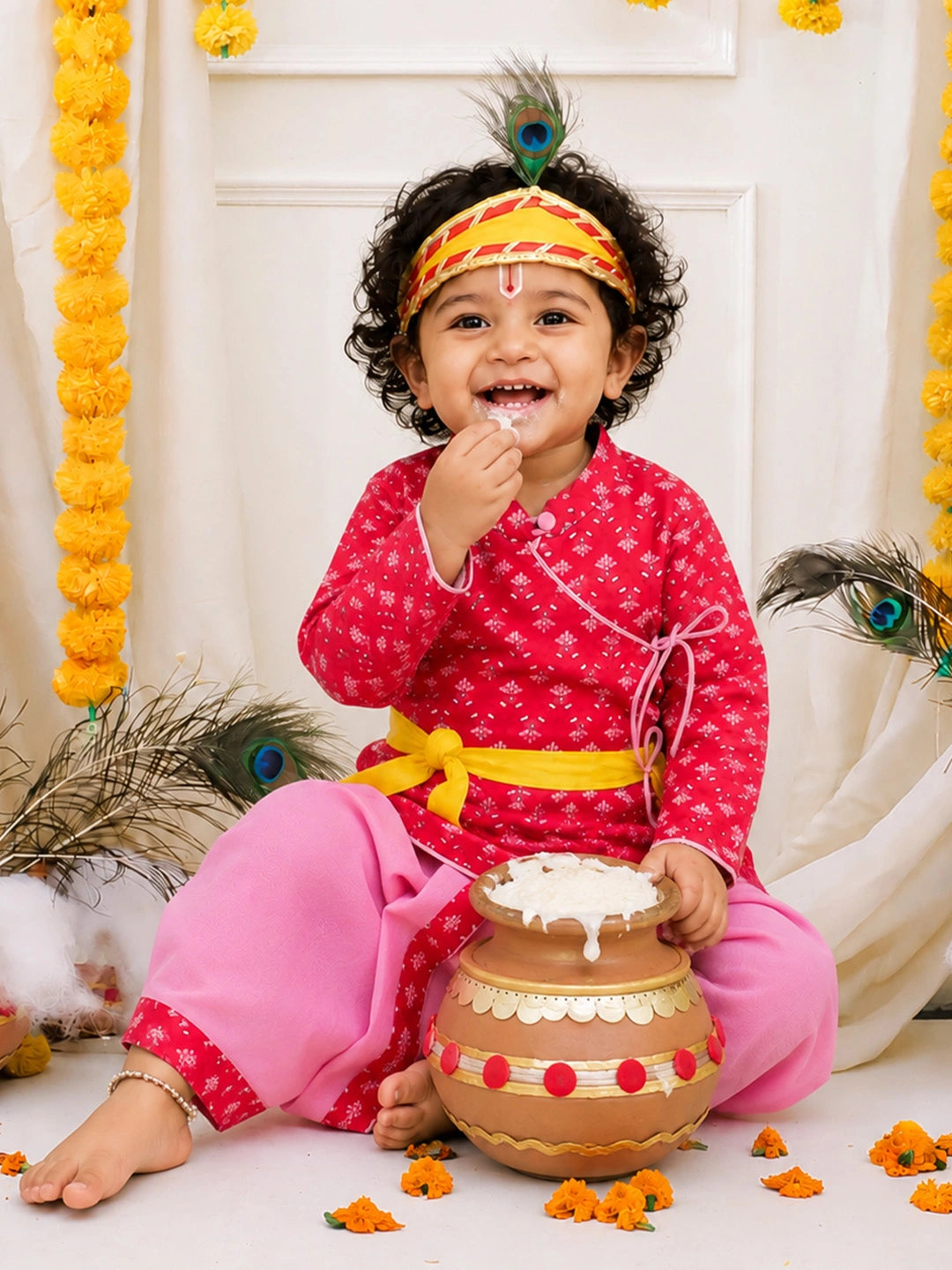 BownBee Pure Cotton Printed Angrakha Kurta & Dhoti With Bansuri , Mukut & Belt Set For Boys - pink