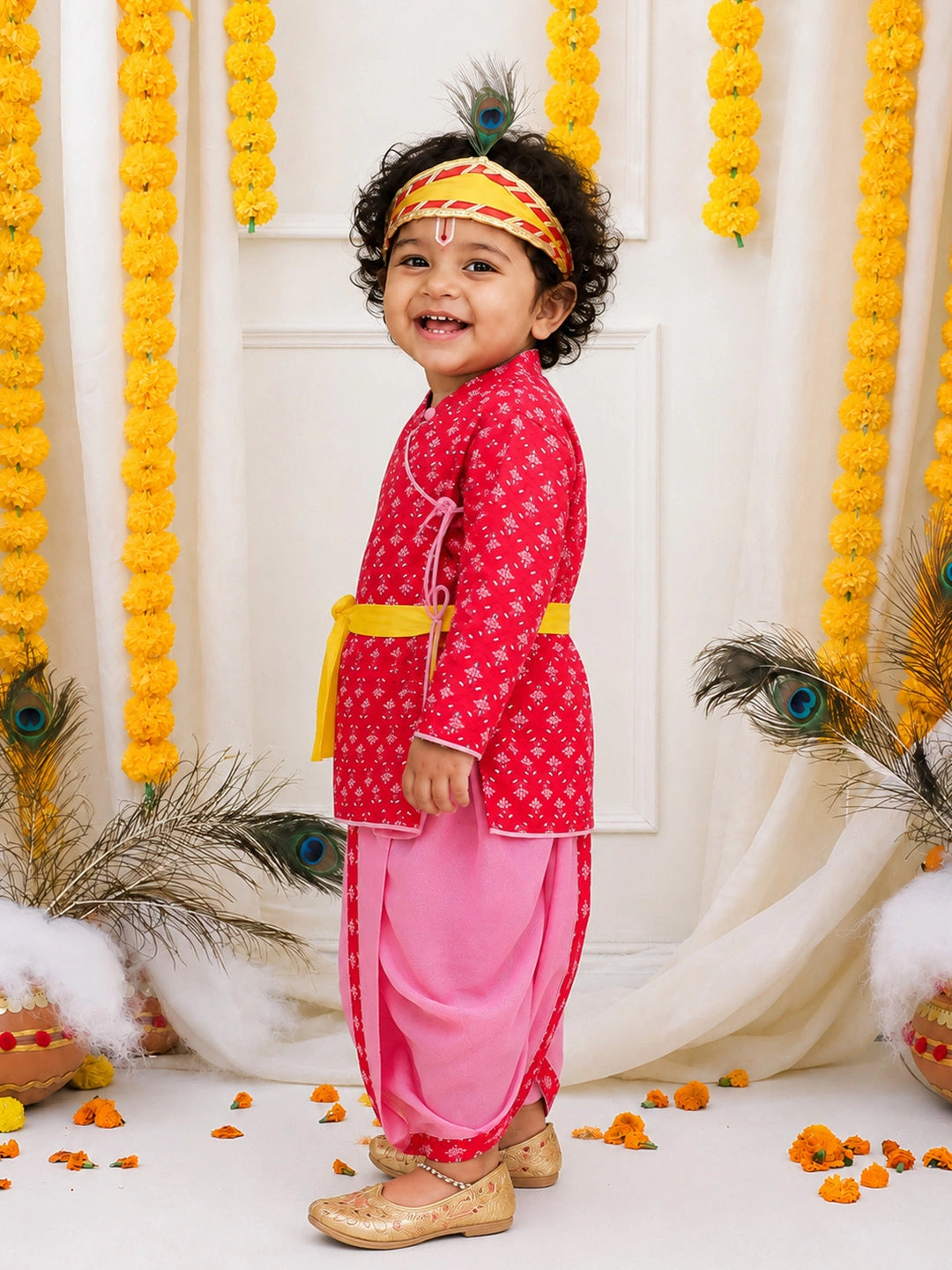 BownBee Pure Cotton Printed Angrakha Kurta & Dhoti With Bansuri , Mukut & Belt Set For Boys - pink