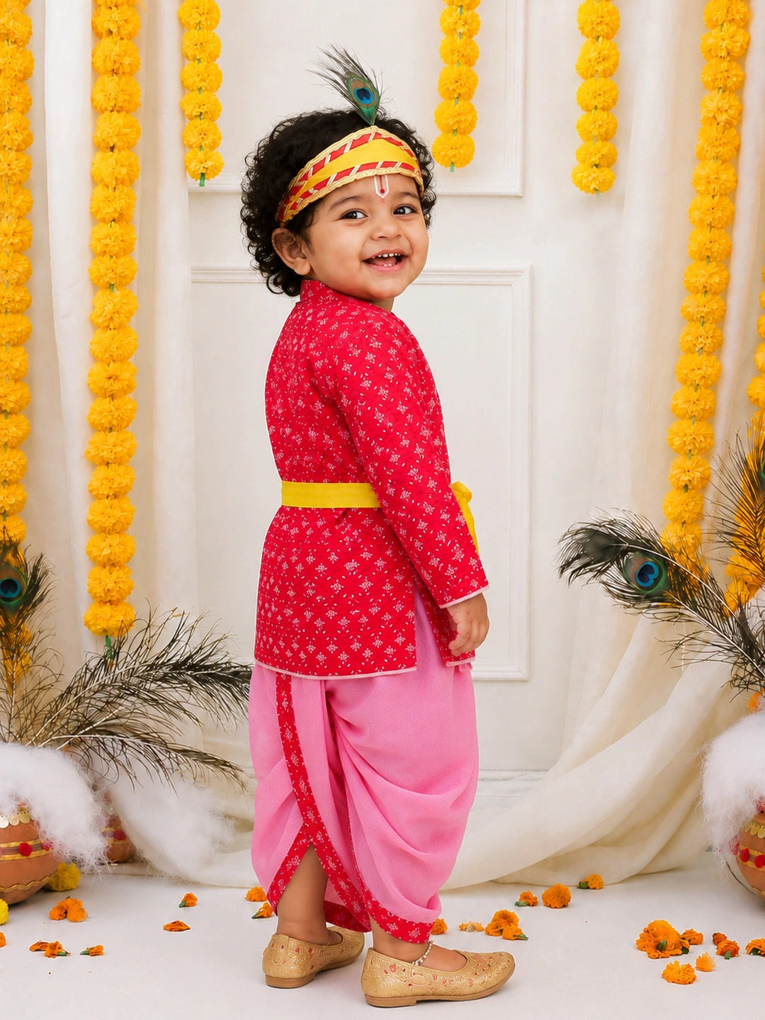BownBee Pure Cotton Printed Angrakha Kurta & Dhoti With Bansuri , Mukut & Belt Set For Boys - pink