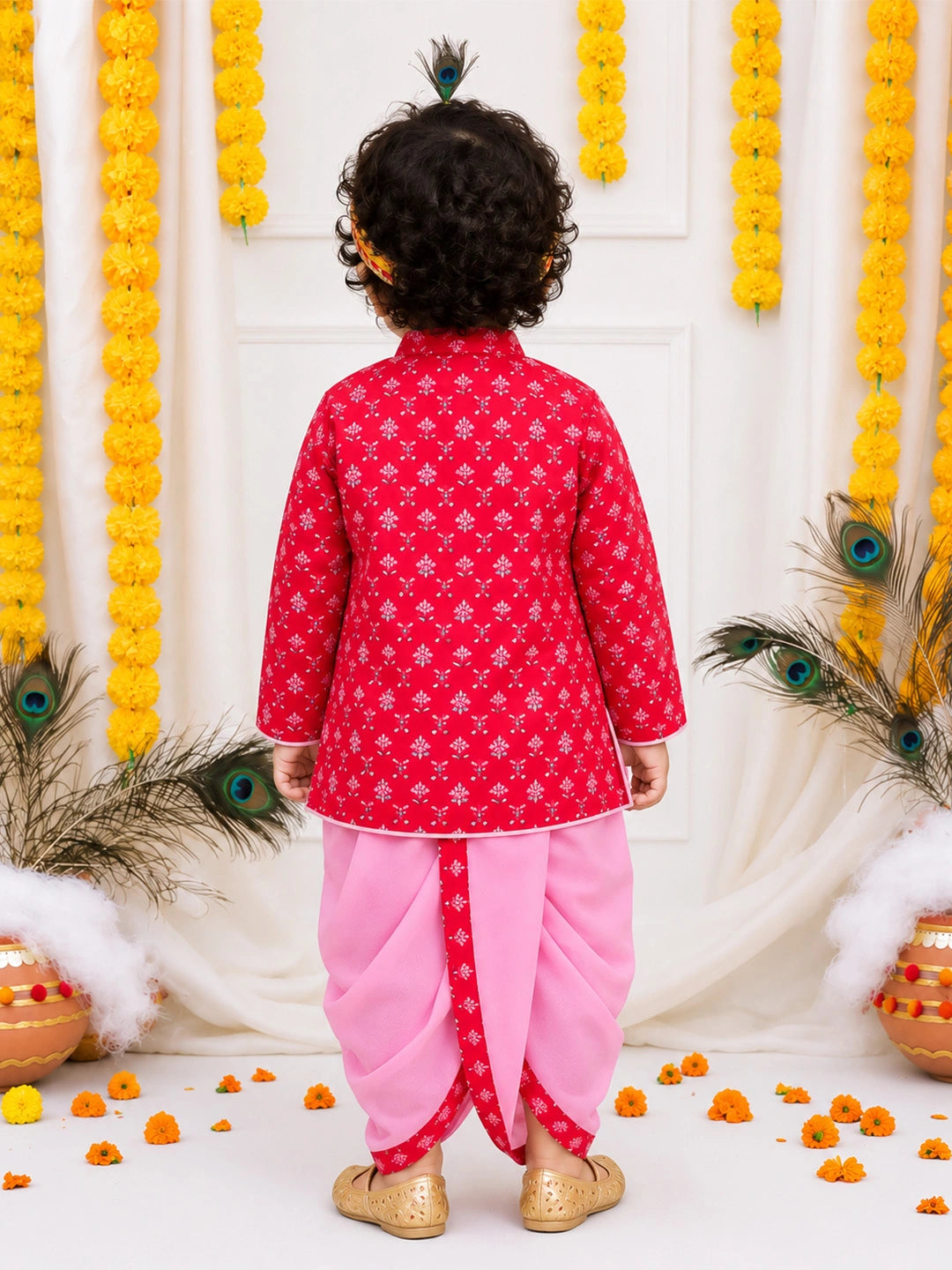 BownBee Pure Cotton Printed Angrakha Kurta & Dhoti With Bansuri , Mukut & Belt Set For Boys - pink
