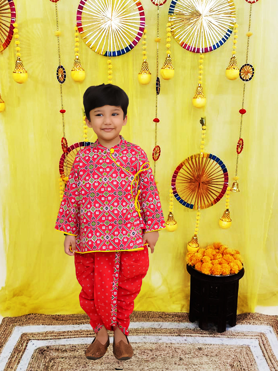 BownBee Pure Cotton Printed Angrakha Kurta Dhoti For Boys - Blue