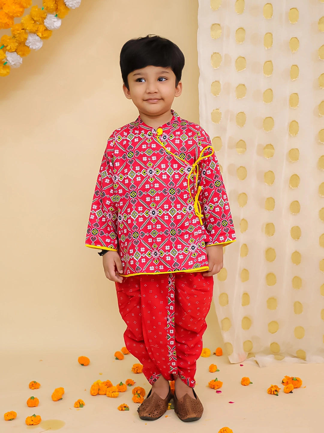 BownBee Pure Cotton Printed Angrakha Kurta Dhoti For Boys