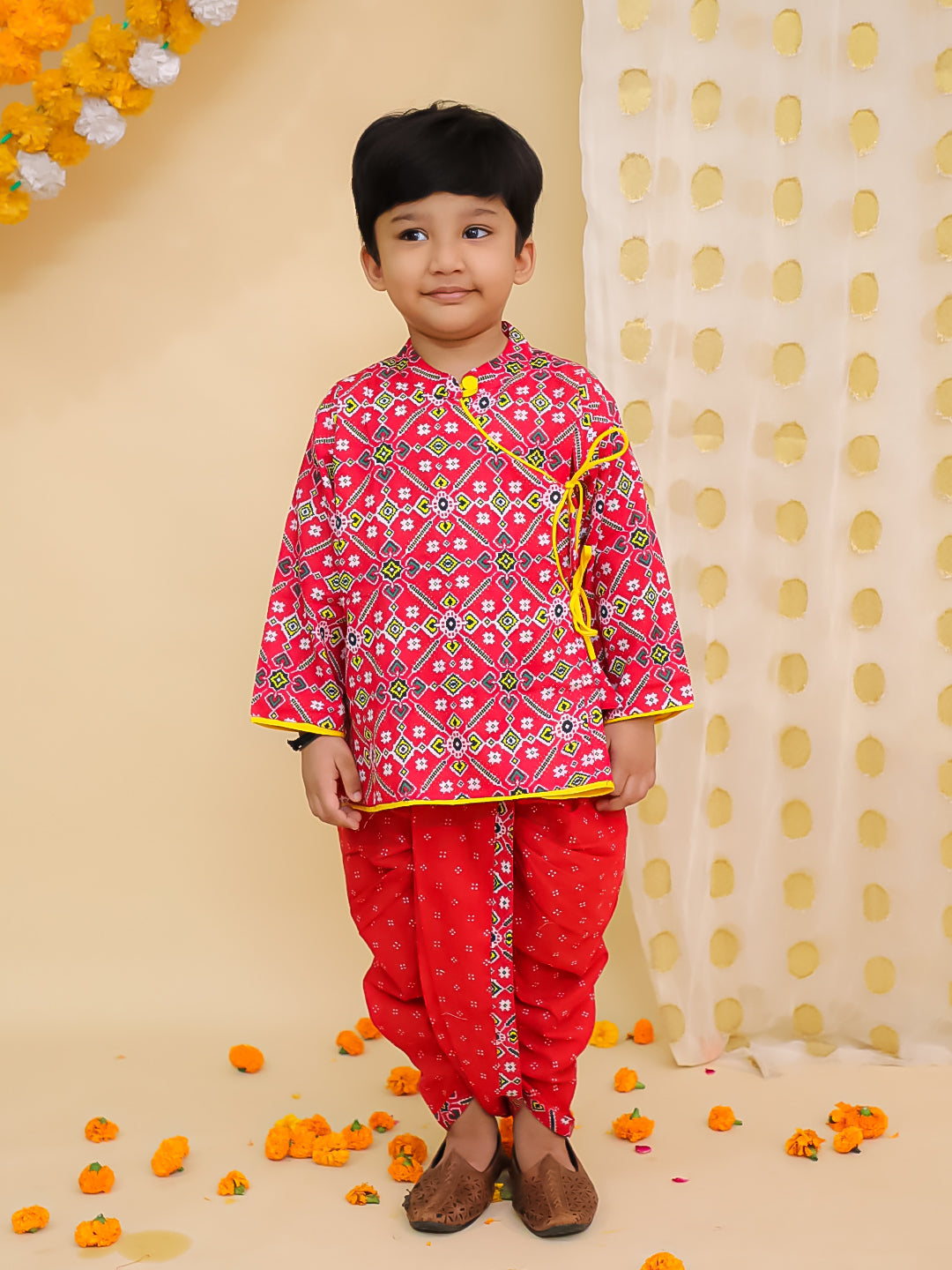 BownBee Pure Cotton Printed Angrakha Kurta Dhoti For Boys - Red