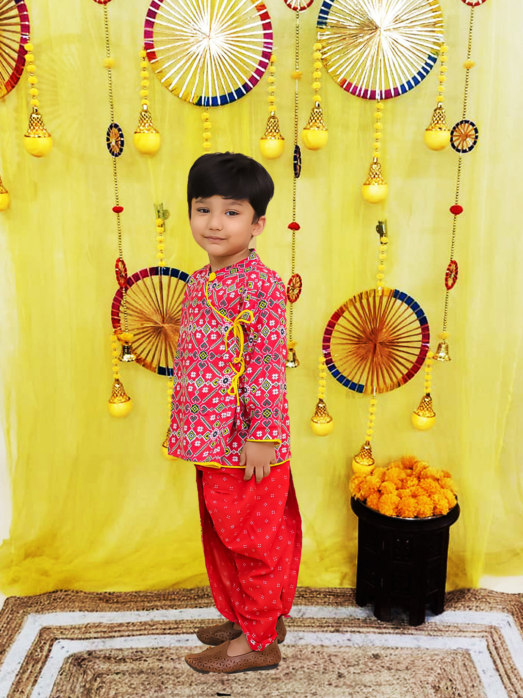 BownBee Pure Cotton Printed Angrakha Kurta Dhoti For Boys - Blue