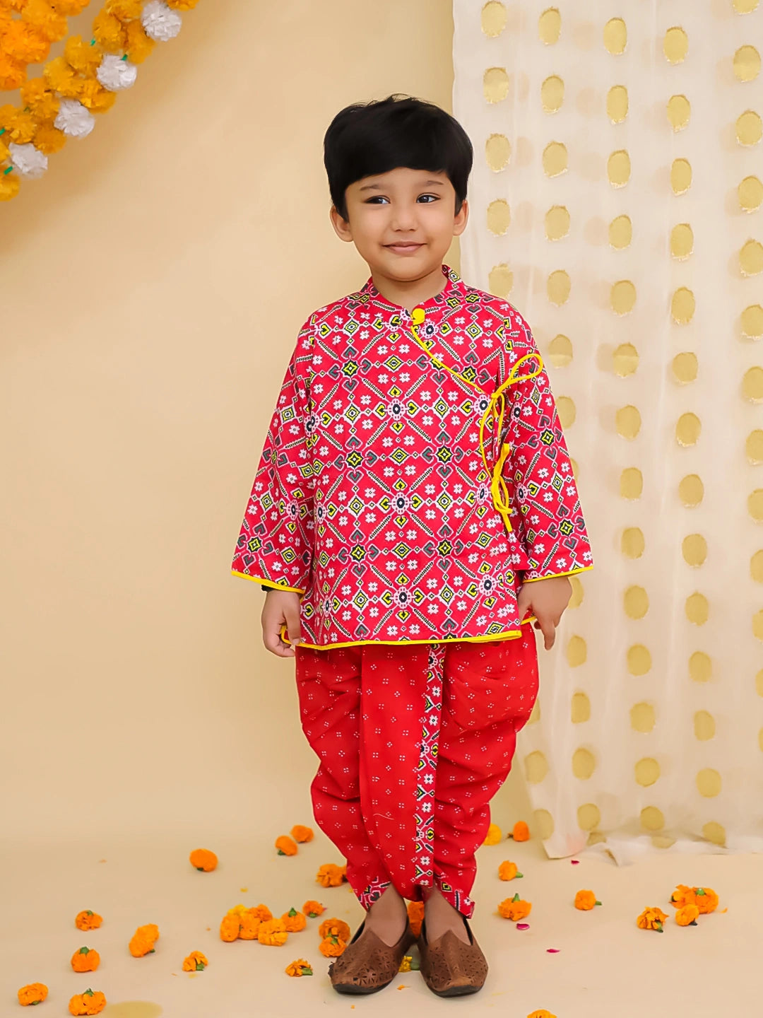 BownBee Pure Cotton Printed Angrakha Kurta Dhoti For Boys