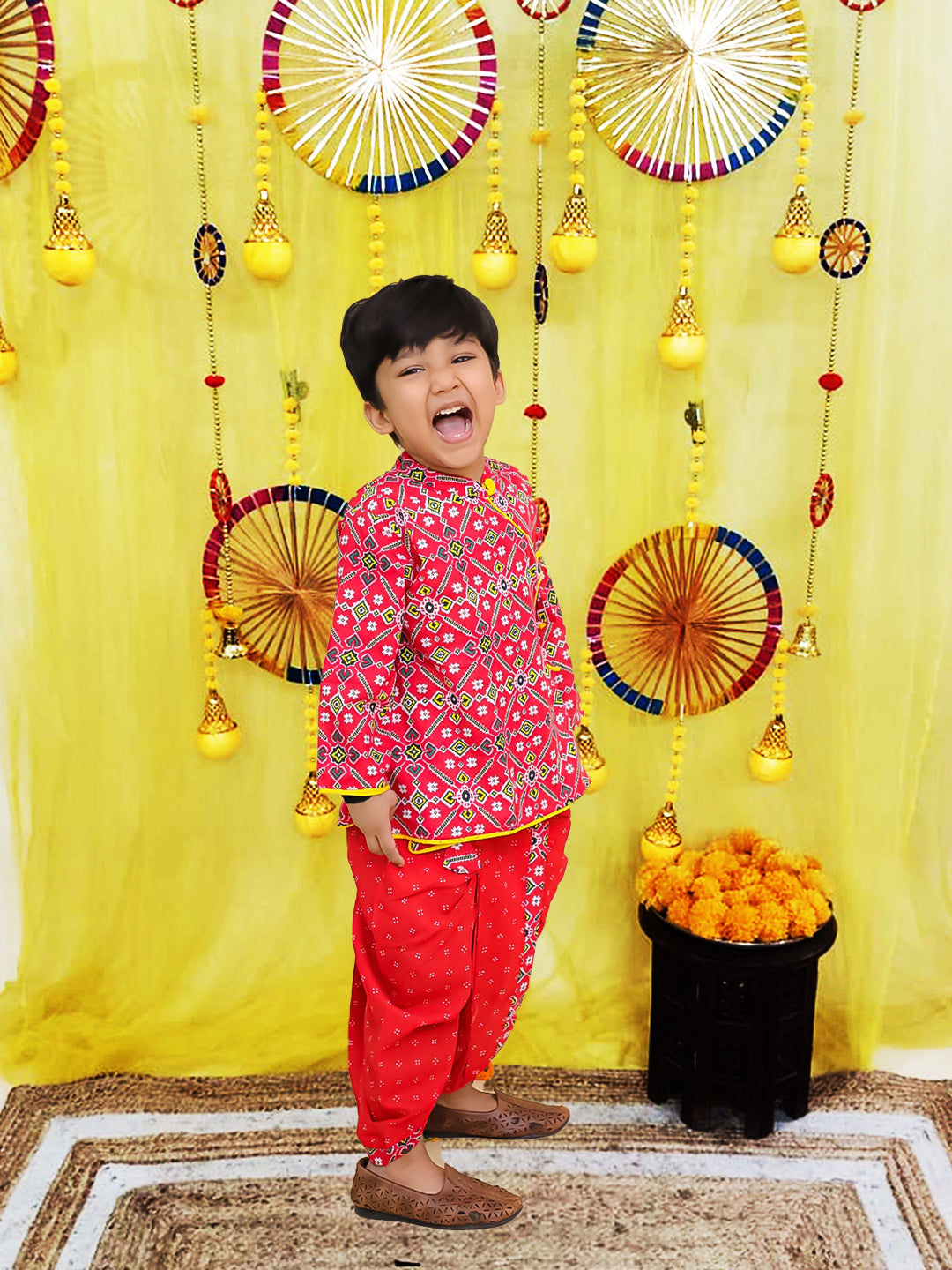 BownBee Pure Cotton Printed Angrakha Kurta Dhoti For Boys - Blue