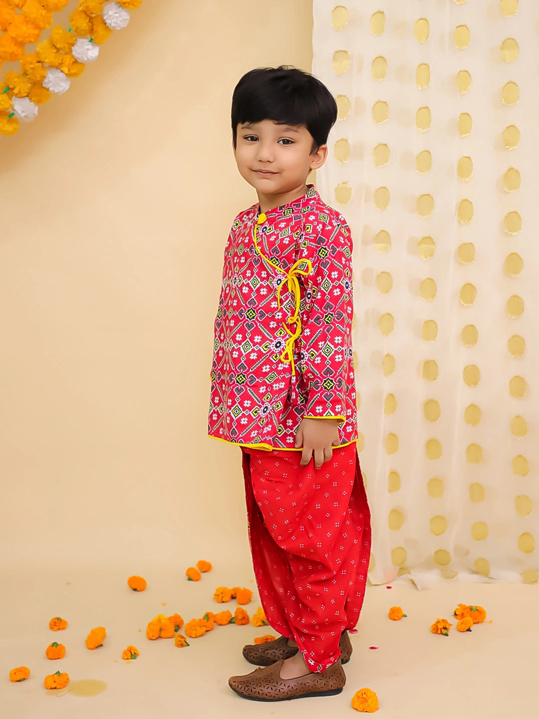 BownBee Pure Cotton Printed Angrakha Kurta Dhoti For Boys