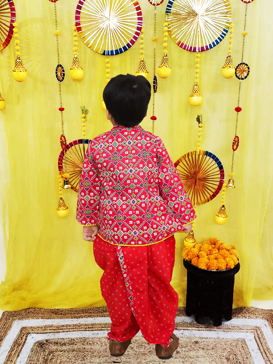 BownBee Pure Cotton Printed Angrakha Kurta Dhoti For Boys - Blue